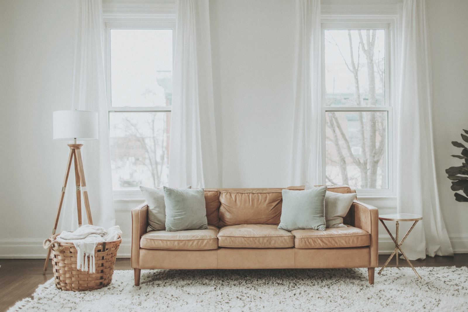 A calm, light living room with a sofa and tall windows